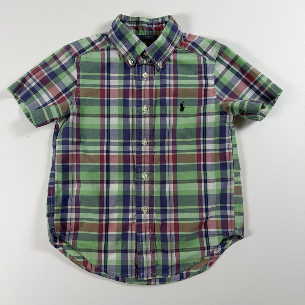 Ralph Lauren Boys 4/4T Plaid Button Down Shirt Green Blue Red 100% Cotton